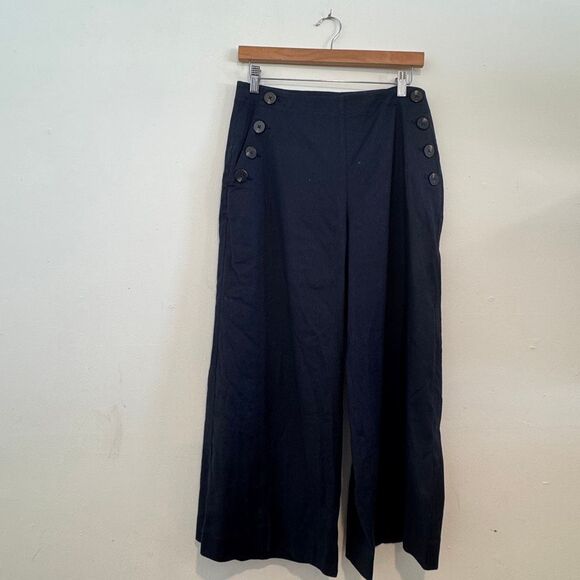 Ann Taylor Pants - Ann Taylor Wide Leg High Rise Crop Pants Size 10 Linen Blend Blue Nautical